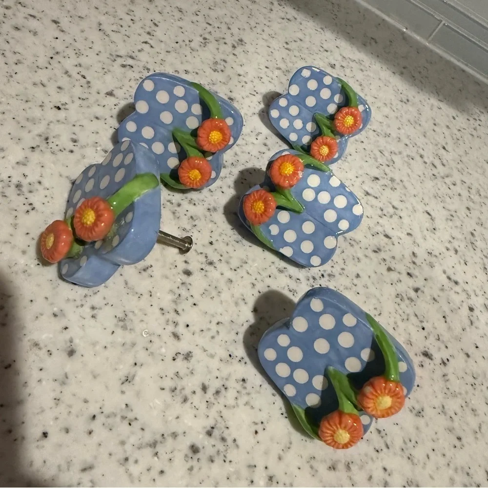 Blue Polka Dot Hand Painted Ceramic Flip Flops Beach bathroom cabinet knobs